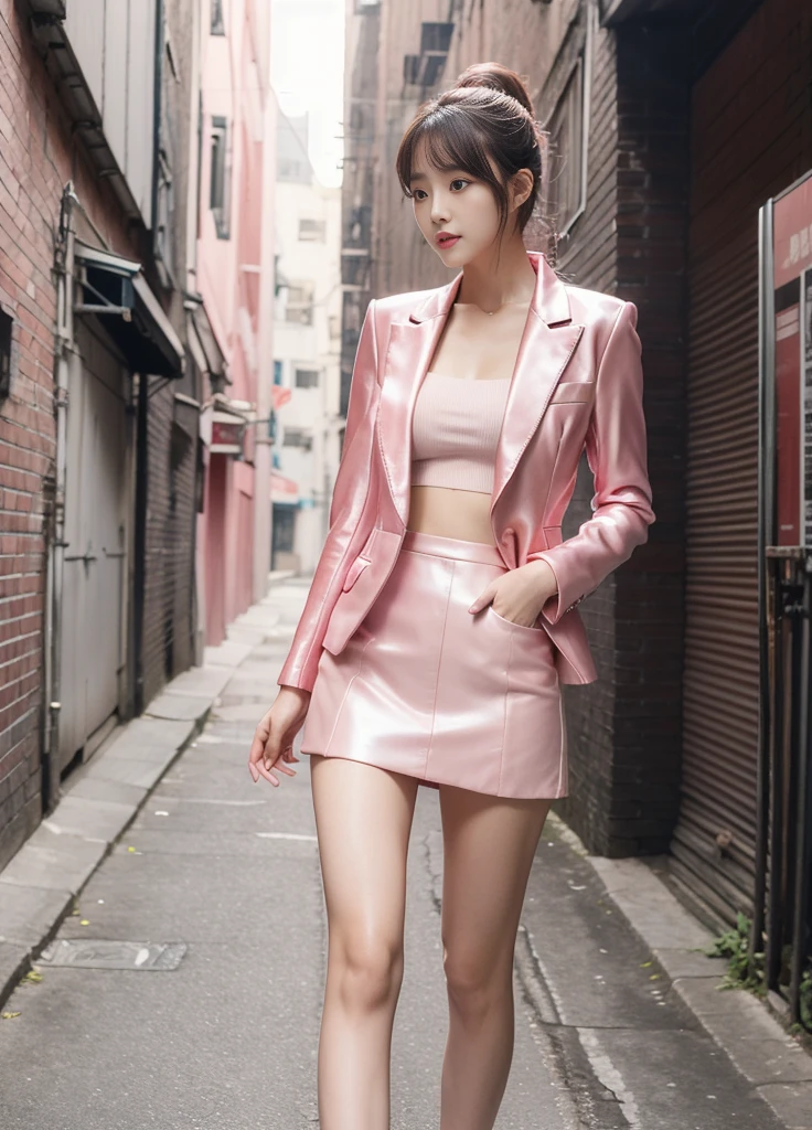 Full body of beautiful korean female, Ponytail hair, (Beautiful alley) ,31 inch breasts size, wearing Tight suit、Wearing a blazer（Leather pink color）、Tight short Skirt（Leather pink color）、Realistic silk texture,Slim fit , in the city, nature light, bokeh background, UHD