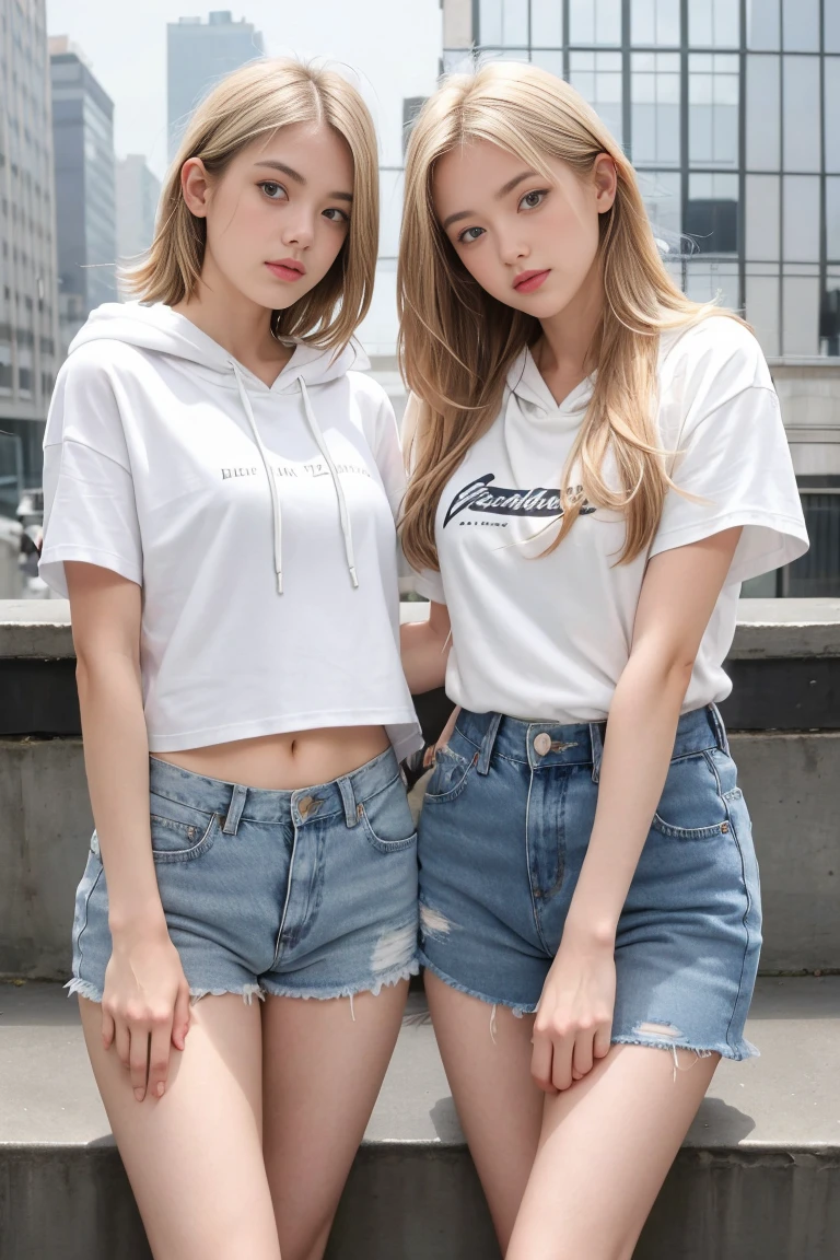 Sexe entre deux femmes blonde magnifiques 20 ans , sein petit ,white short sleeve hoodie et short en jean , Réaliste , photographie, bouche ouverte , Regardez le spéciateur , jambe visible , sexey, sensuels , Sexe, se frottent l'une contre l'autre