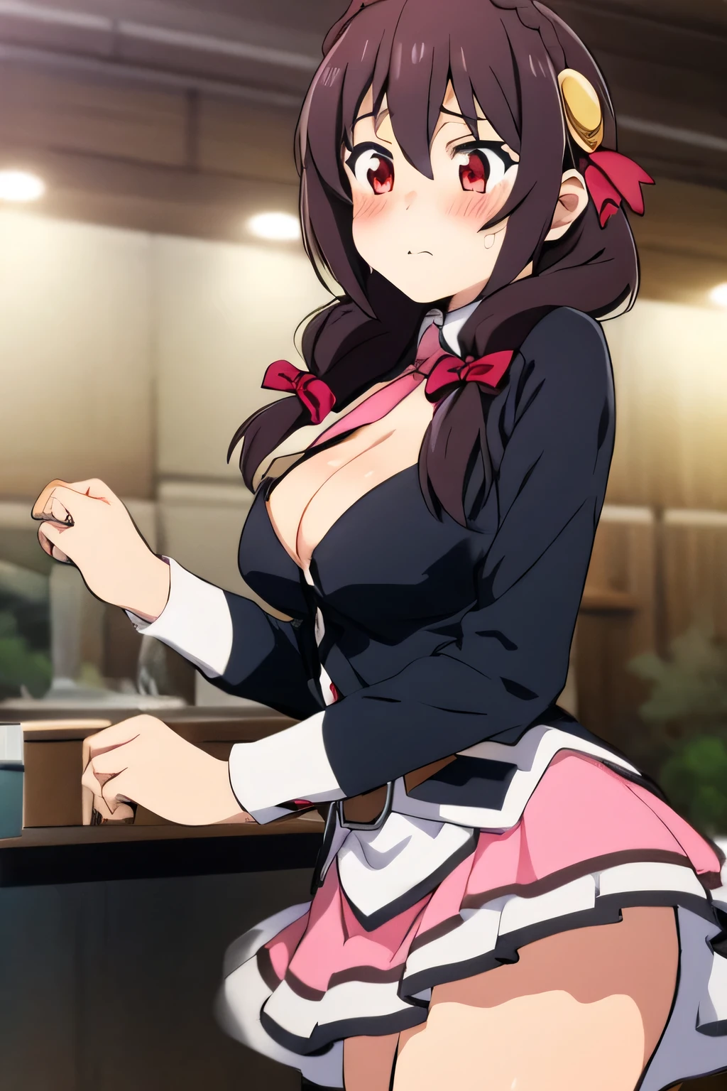 (masterpiece, Highest quality), One girl, Yunyun,Long Hair,Braiding,Twin tails,Hair between the eyes,Red hair ribbon,hair ornaments,large round breasts,、Pink Skirt、Black Hair、Red Eyes、(A face that is trying hard:1.2)、grassland、Crown Blade,Black Shirt, Long sleeve,Pink tie, belt, Cleavage cutout、cowboy shot、(blush)、Side view