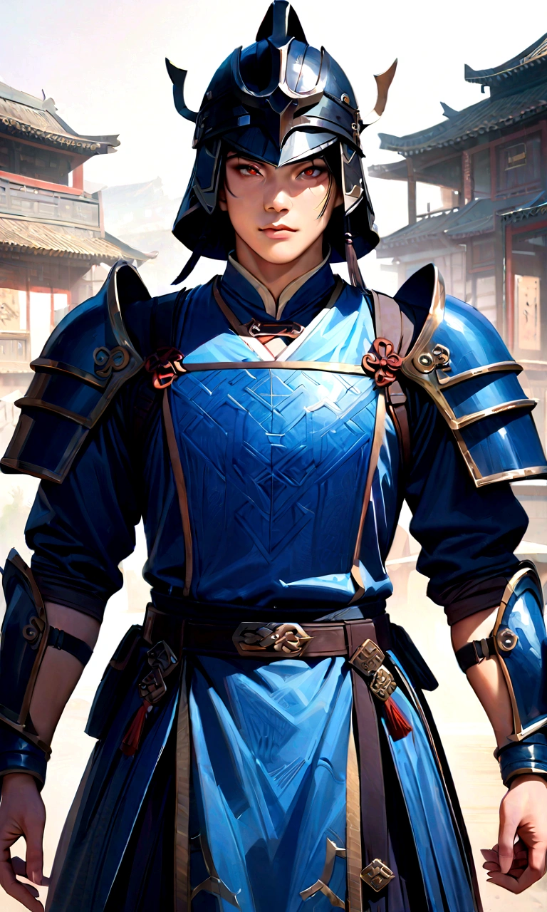 25 year old Chinese man,middle aged man,realistic,chinese_Armor,alone,Background of ancient chinese cities,detailed_eye,shoulder_Armor,helmet,(검은 eye),looking at viewer,(masterpiece:1.2), (best quality:1.2), perfect eye, perfect face, perfect lighting, (8K),(complete anatomy), Nee Shot