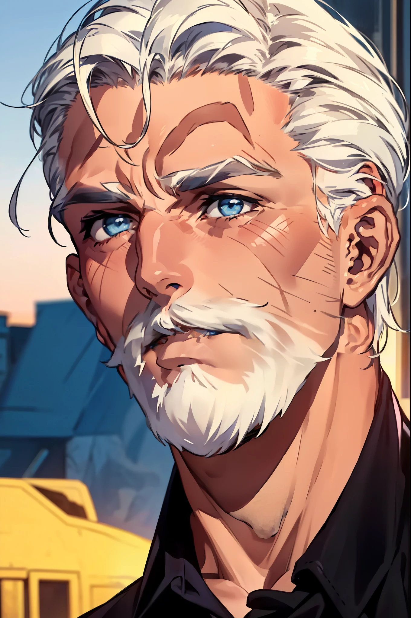 ((masterpiece:1.2, Best quality)), 4k, adult, European face, 1 person, male, , masculine, Beautiful, tall, dark casual wear, White skin, white hair, blue eyes s, portrait, sunset, man, adult man
