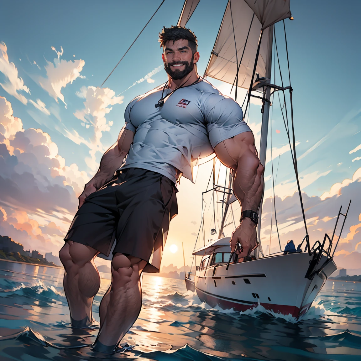 MASTERPIECE, RAW, A MUSCULAR MAN WITH A WHITE-RED STRIPE T-SHIRT ON THE SAIL BOAT, OPEN SMILE, SUNSET, CLOUDS, WAVY OCEAN, SEA, FUTURISTIC SAILBOAT, NEON LIGHT ON SAILBOAT,  WIDE SHOT, LONG SHOT