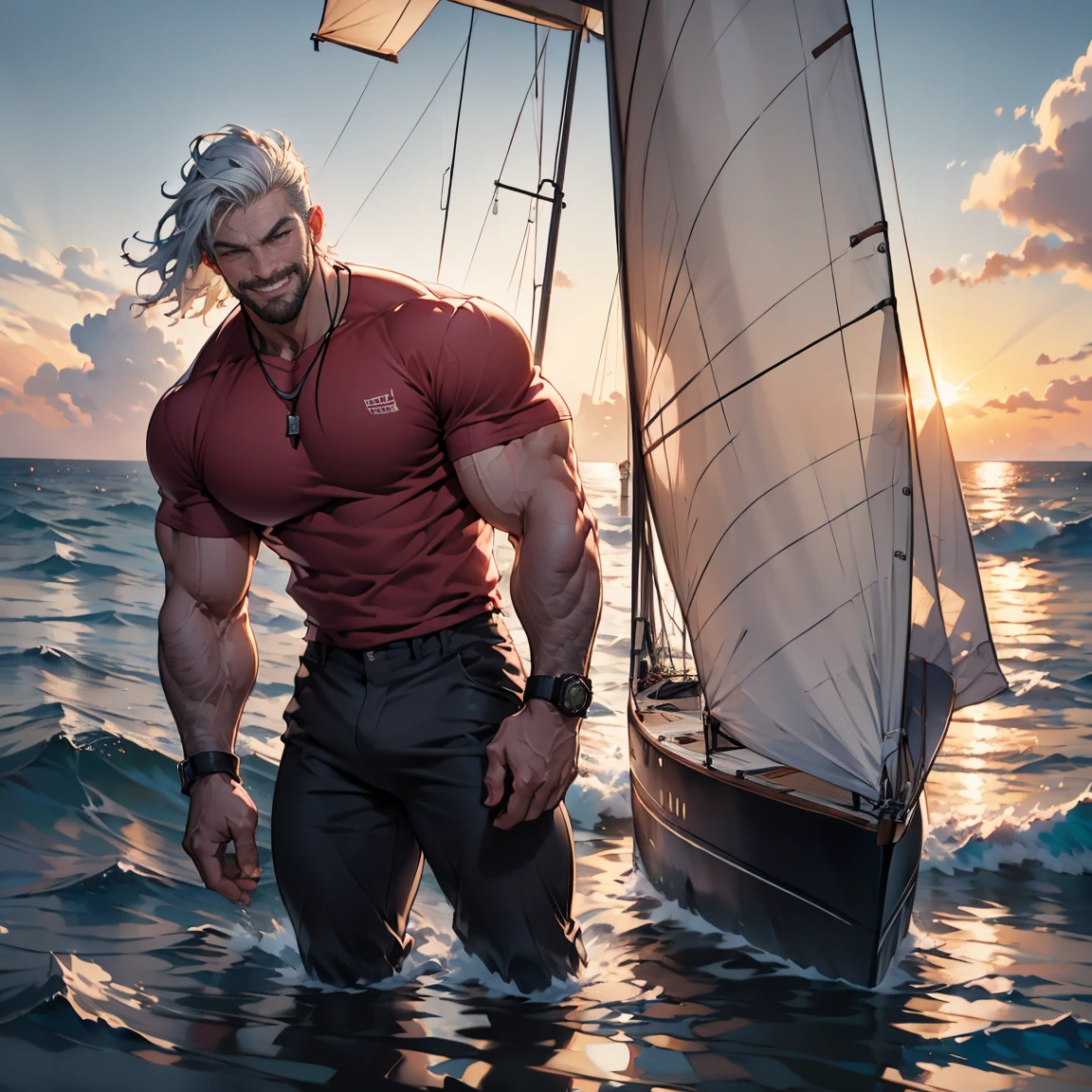 MASTERPIECE, RAW, A MUSCULAR MAN WITH A WHITE-RED STRIPE T-SHIRT ON THE SAIL BOAT, OPEN SMILE, SUNSET, CLOUDS, WAVY OCEAN, SEA, FUTURISTIC SAILBOAT, NEON LIGHT ON SAILBOAT,  WIDE SHOT, LONG SHOT