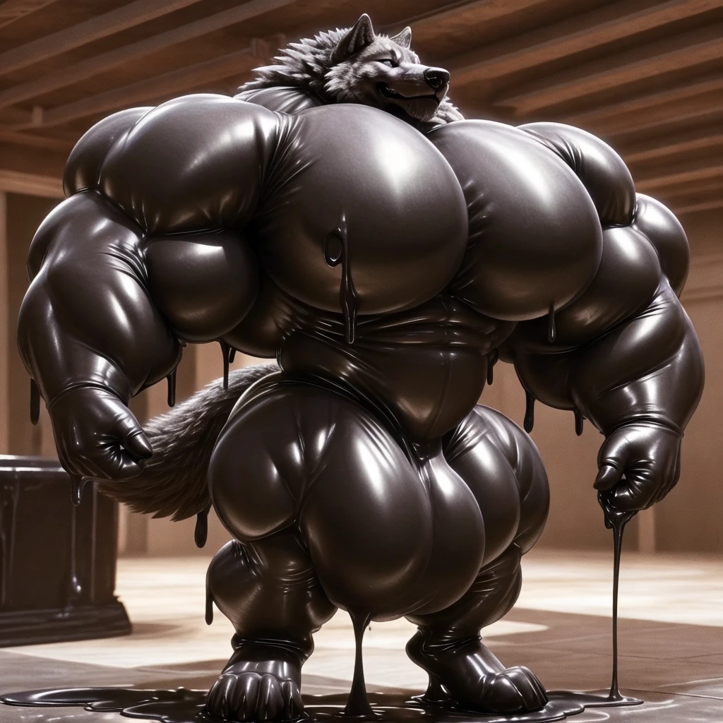 solo, male, , , , (hyper pecs:1.3), (long thick thighs:1.5), standing, indoor,,(,,(,solo,very hyper muscles:1.3)((, Huge bulge:1.5)))()), black glowing liquid,(((liquid_latex, , rubber:1.2),,black latex,goo transformation,(gooey)()(l),unreal engine,perfect light,detailed, photorealistic, 4k, hd, , , , good anatomy, , (), ,, high quality, best quality, concept art, photorealistic,wolf