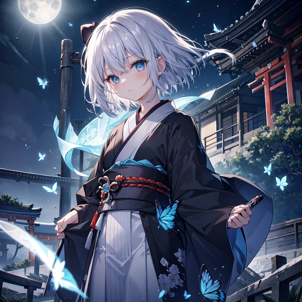 (((1 person)))　((High resolution　Gray Hair　short hair　Black kimono　Shoulder　knifeを構える　Flowing hair))　((Black Band　samurai　Lonely　despair　blue eyes))　((Blue Butterfly　night　Japanese style　old　Shining Aura　garden　shrine　torii　Catch the wind))　(dance　日本knife　knife　Slashing)　full moon　moonlight　star　Draw your sword　Reflected light　Shining Background　Shining Edge