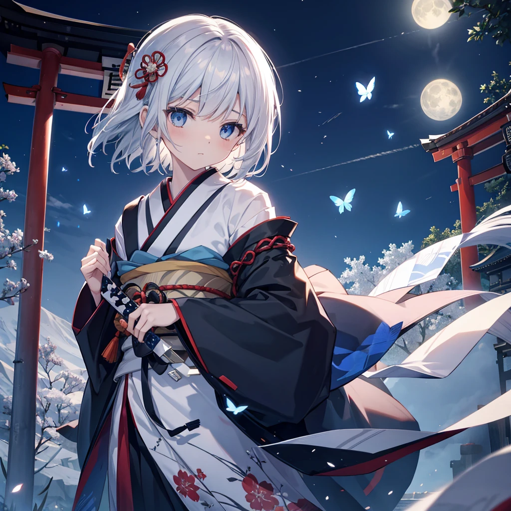 (((1 person)))　((High resolution　Gray Hair　short hair　Black kimono　Shoulder　knifeを構える　Flowing hair))　((Black Band　samurai　Lonely　despair　blue eyes))　((Blue Butterfly　night　Japanese style　old　Shining Aura　garden　shrine　torii　Catch the wind))　(dance　日本knife　knife　Slashing)　full moon　moonlight　star　Draw your sword　Reflected light　Shining Background　Shining Edge