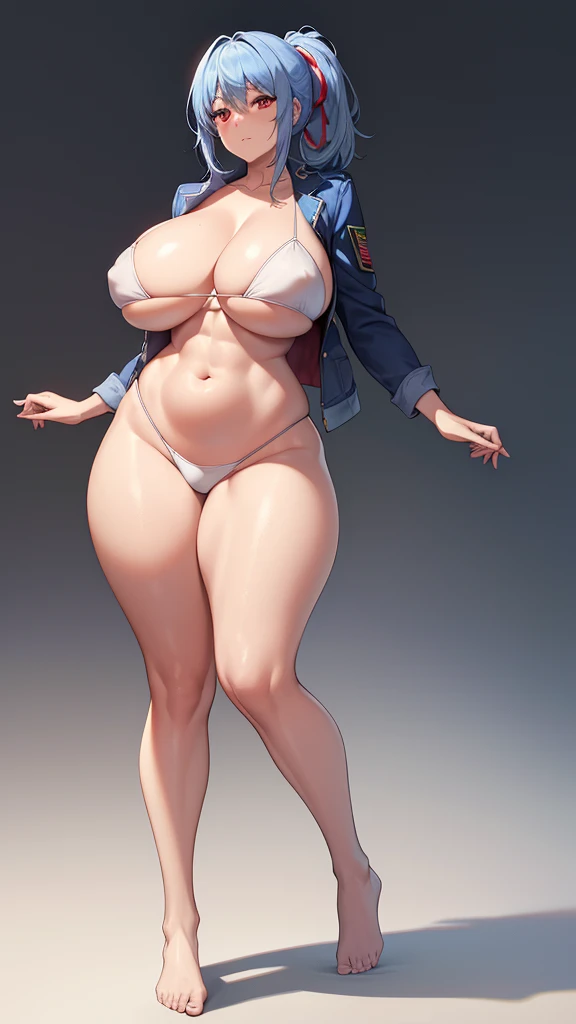 Amazon woman, slim but muscular body, with ((((( huge fake ：46.7 )))), Long legs, blue hair, ponytail hairstyle, red eyes, I don't Don't have shoes, combat uniform, 8k, high definition, masterpiece, full body, white background, full body shot, mature  mature woman,ous waist circumference, big ass, plus size mode
