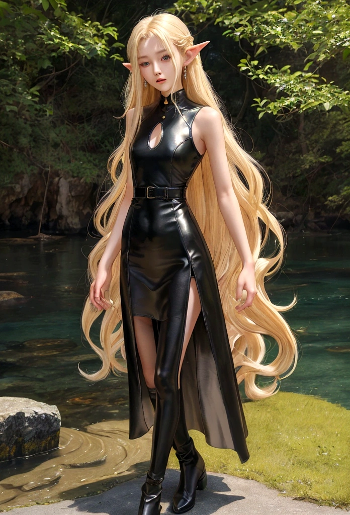 (masterpiece, Highest quality, Highest quality, Official Art, Beautiful blonde、wavy long hair、 Silky Skin、Fishing eyes、long pointed ears、girl、、Thin arms、Small breasts、Slender upper body、Tight waist、Small hips、Thin thighs、Slim lower body、Black leather belted dress、ruins、Cowboy Shot、Full Body Shot、Dancing