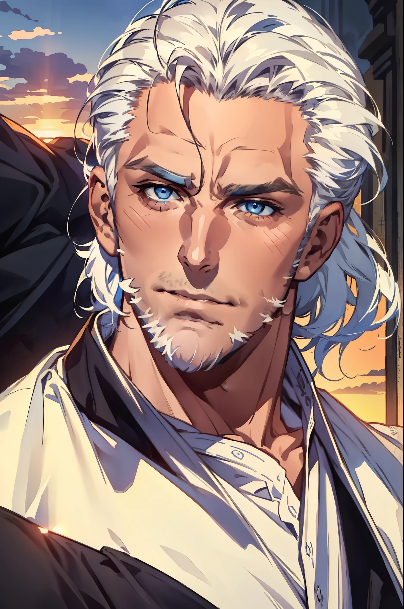 ((masterpiece:1.2, Best quality)), 4k, adult, European face, 1 person, male, , masculine, Beautiful, tall, dark casual wear, White skin, white hair, blue eyes s, portrait, sunset, man, adult man
