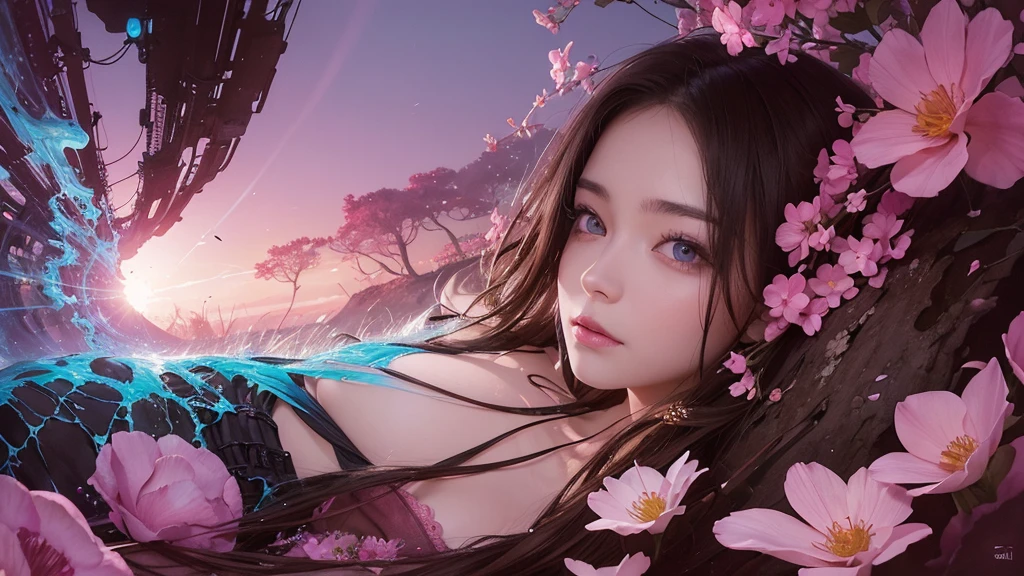 32k, Masterpiece, Highest quality, One girl, Detailed eyes, flower,Sandersonia, Pink and brown style,A dreamy, romantic piece,Pale pink, Mysterious Leaves,A playful arrangement,Fantasy,High Contrast,Ink strokes,explosion,Exposure, Impression of pink and brown tones,Abstract,((Watercolours by John Berkey and Jeremy Mann )) Brush strokes,Negative Space, Tyndall effect,