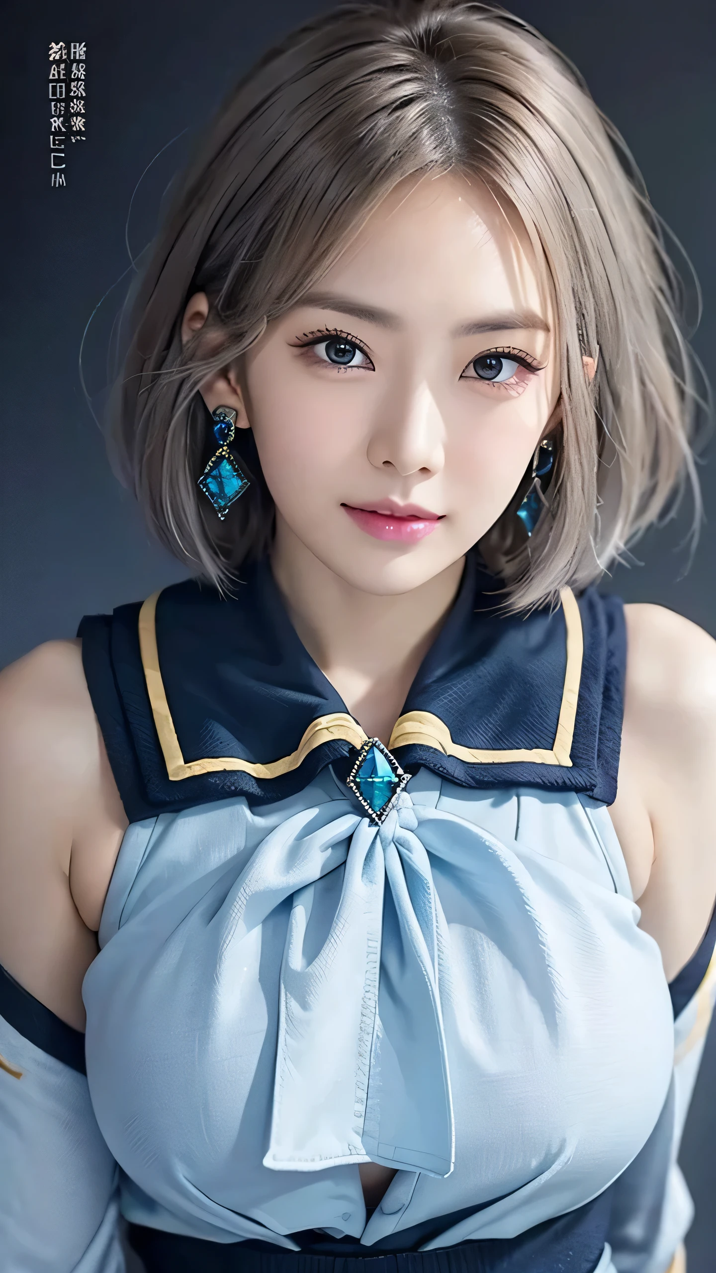 (An 18-year-old black gal perfect for friendship)(Bright colors:1.3)、(Very detailed ((Blue Diamond)) Earrings:1.4)、RAW Photos、Genuine:1.6、quality:1.5、8K、masterpiece:1.3、Ultra-high resolution:1.0、Sharp focus:1.2、、(Big Breasts:1.5)、Beautiful woman with perfect style、Highly detailed face and skin texture、Beautiful Eyes、double eyelid、(Black gal makeup:1.2)、Perfect facial balance、(smile:1.1)、((Silver short hair:1.2)、Beautiful studio soft light、Rim Light、Sharp details、surreal、Octane Rendering、Fine and beautiful skin、Genuine skin、(Looking at the audience)、(((Sexy Sailor Suit)))、
