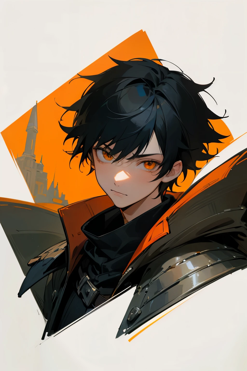 orange eye,portrait,Black hair ,youngboy,Middle Ages,sad,25 age,middle ages jacket armor,final fantasy,rogue,ice land backgornd

