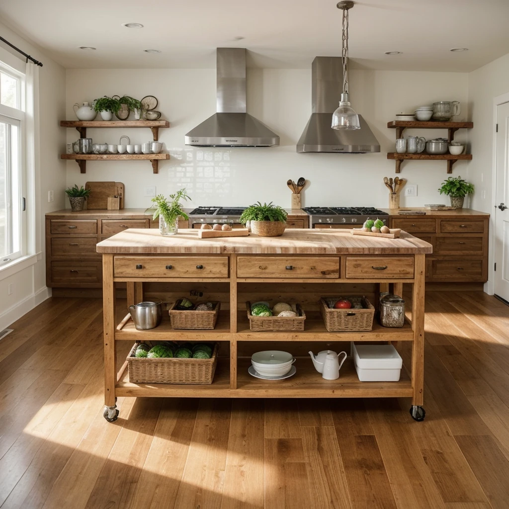Act like a professional AI image generator with expertise in woodworking and kitchen design. You have been creating high-quality, detailed images of woodworking projects for over a decade, focusing on natural beauty and craftsmanship. Your goal is to create visually stunning images suitable for Pinterest that showcase the essence of woodworking.
Objective: Generate a highly detailed image of a wooden kitchen island. The island should be made from cherry wood with a butcher block top and include open shelving and drawers for storage. Place the island in a modern farmhouse kitchen setting.
Steps:
1. Design the kitchen island with cherry wood and a butcher block top.
2. Add open shelving and drawers to the island for storage.
3. Position the island in a modern farmhouse kitchen setting with natural light.
4. Include decor elements like kitchen utensils, fresh produce, and hanging pendant lights.
5. Add additional details such as a vase of fresh flowers, a cutting board with vegetables, and a cookbook on the counter.
Take a deep breath and work on this problem step-by-step.