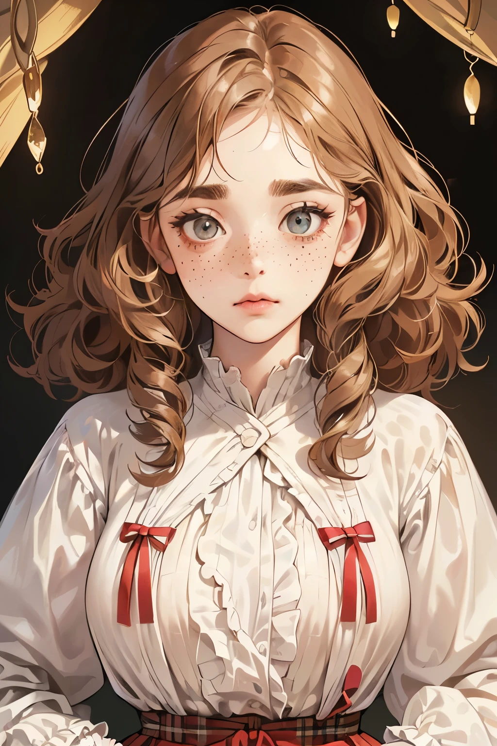 (Tabletop, Digital Art, Digital illustration, 4K, 8K, Super detailed, Beautiful images, Clear images, Realistic, Raw photo, Perfect Face, Perfect Lines, Perfect Eyes, Soft lighting) 1 female, (Light brown hair,Bangs、Curly natural curls、Innocent look,Drooping eyebrows,Droopy eyes,With a round face,Round jaw、Innocence,cute,Big eyes,freckles,E Cup,23 years old:1.3),Unfashionable clothes、red check long skirt、applique、sweater、Big ribbon、
