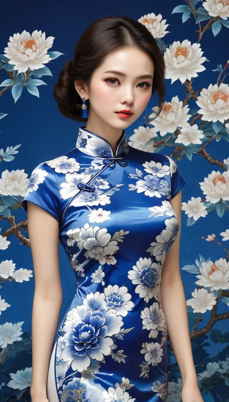 wallpaper,32k,Thousand Flower Glass Style,Blue and white porcelain cheongsam,Just a cheongsam,nobody