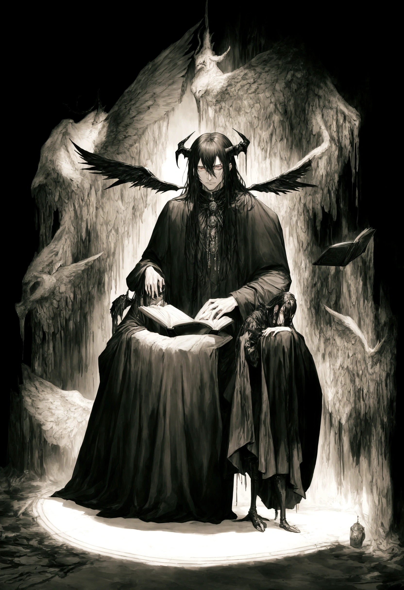 work of art:1.2, best qualityer, ultra detaild, mascle, focused, human face, masculine face, man's face, black horns, celestial demon wizard, Youngh, serious, chilly, horns on her head and a shining golden halo behind her symbolizing her celestial and demonic duality, two large black wings that combine bright plumes with a dark and threatening appearance, black hair, kentaro miura style, fancy, Sci-fi, light background, a painting of a man in a black robe sitting in a wheelchair, holding an open ancient magical book, Dress him in dark, majestic robes with golden details, black hair, dark haired, demonic angel, black feathers, big black wings, standing alone, inspired by Edmundo Blampied, inspired by Nicola Samori, inspired by Pietro Longhi, by Nicola Samori, by Edmundo Blampied, Direction: Stephen Gammell, Estilo Stephen Gammell, sinister figure in the background, Direction: Leonaert Bramer, Direction: Johann Kaspar Füssli .