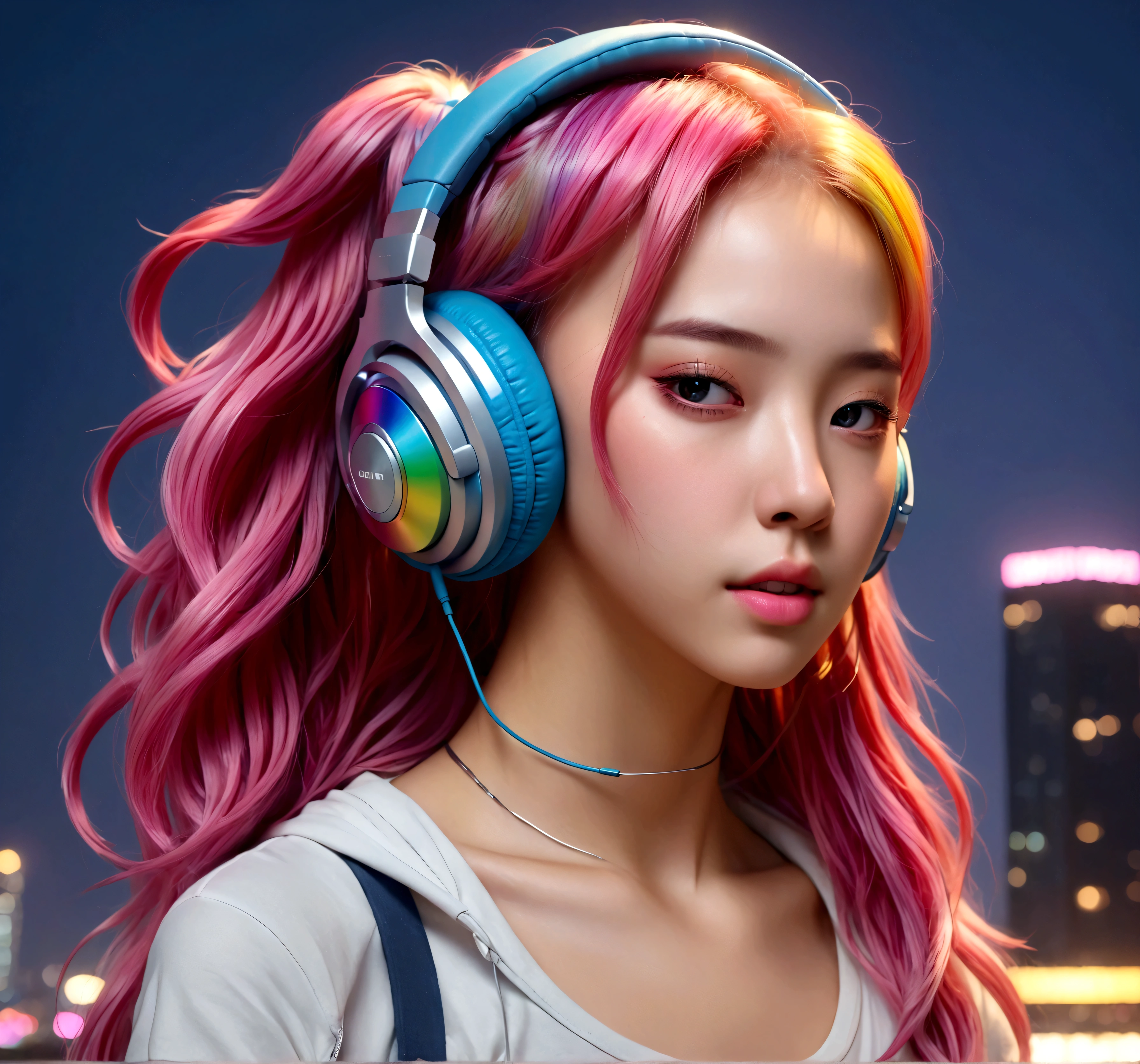 (masterpiece, highest quality, highest quality, Official Art, beautifully (One girl), Very detailed,colorful, Most detailed、Pink rainbow hair, headphones on, night time 