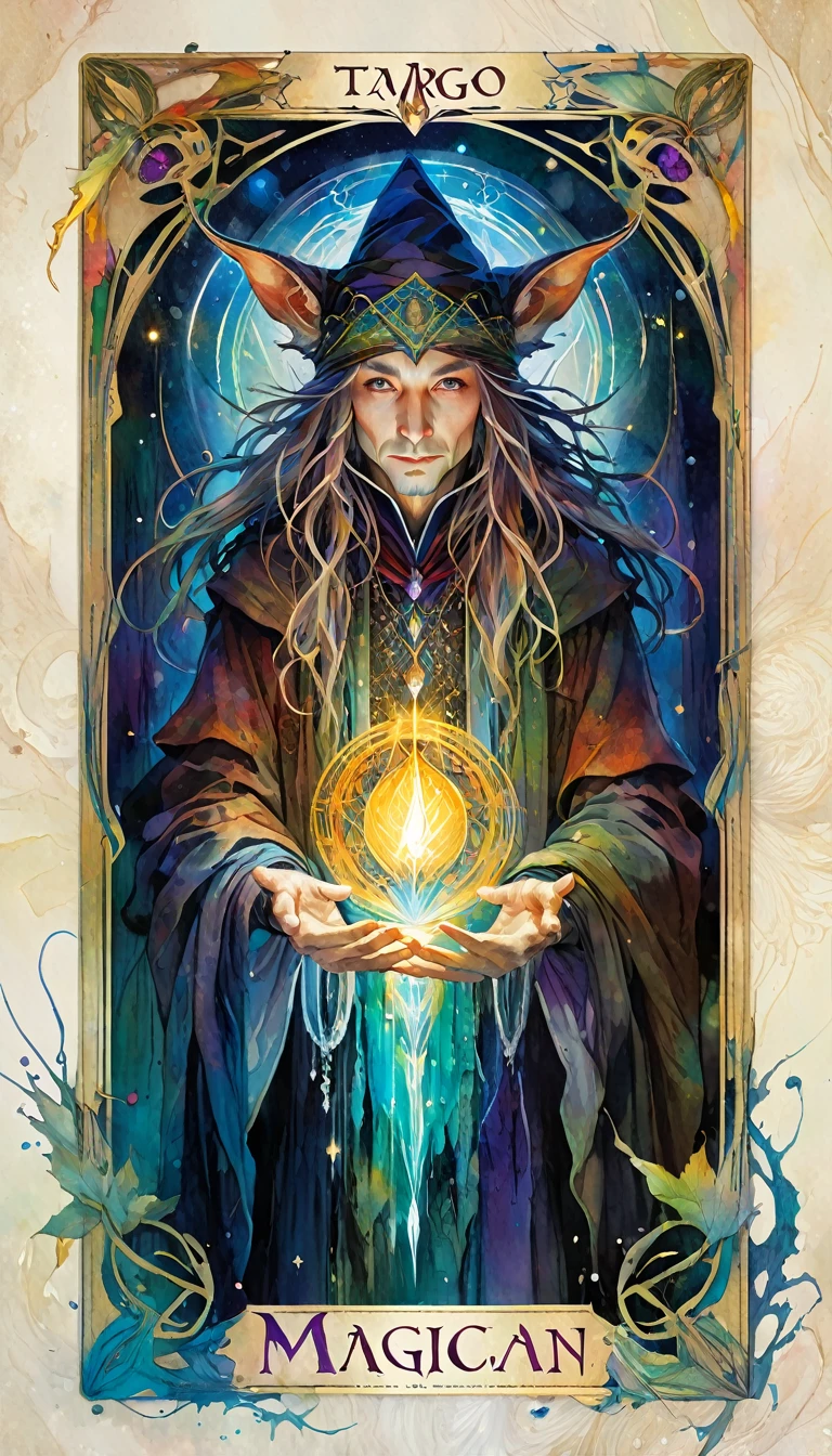 tarot card, the magician, FULL tarot card frames ((text on card: "EL MAGO")) (by Brian Froud and Carne Griffiths and Wadim Kashin, intricate details, oil) . bright colors, oil paint)
