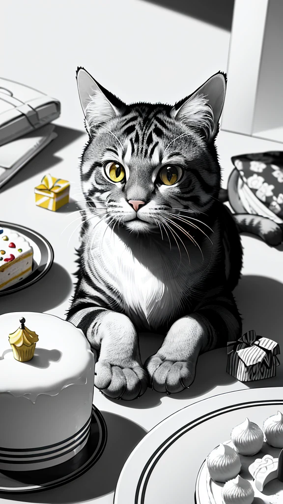 A cat with a party hat, surrounded by presents and a birthday cake. animals. scenes without colors and shadows. (Masterpiece, Best Quality, Highers:1.4), Detailed, Intricate Details, 4K, color splashes, line art, animals, cat, cute cats, accurate eyes, ultra high-quality, accurate, detailed lines, no human cat, coloring book, simple coloring)