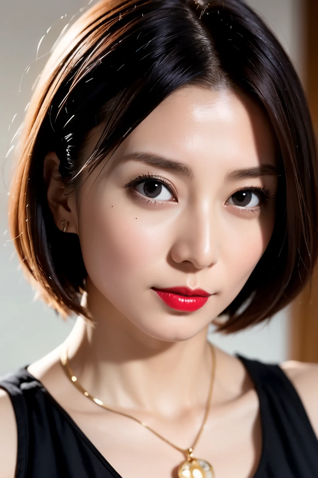 Beautiful Japanese Women, 1 person, Very cute and slim, Excellent style, 8K images, super high quality, Very delicate face, Skin and Hair, Red lipstick, short hair, straggling hair, Gradient Hair, blonde, Very cute Japanese cut face, Eyes and nose are clearly visible, Kind eyes, lingerie, Simple Background, Looking at the audience