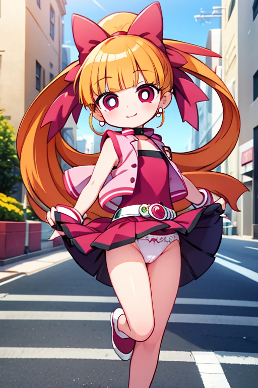 1 girl, Momoko Akatsutsumi (Powerpuff Girls Z), red eyes, masterpiece, top quality, cute, happy, nice smile, young, bright sunlight, Full body image, Are standing, dance, playground, flowers, panties, white panties, (masterpiece:1.2), best quality, high resolution, unity 8k wallpaper, (illustration:0.8), (beautiful detailed eyes:1.6), extremely detailed face, perfect lighting, extremely detailed CG, (perfect hands, perfect anatomy),