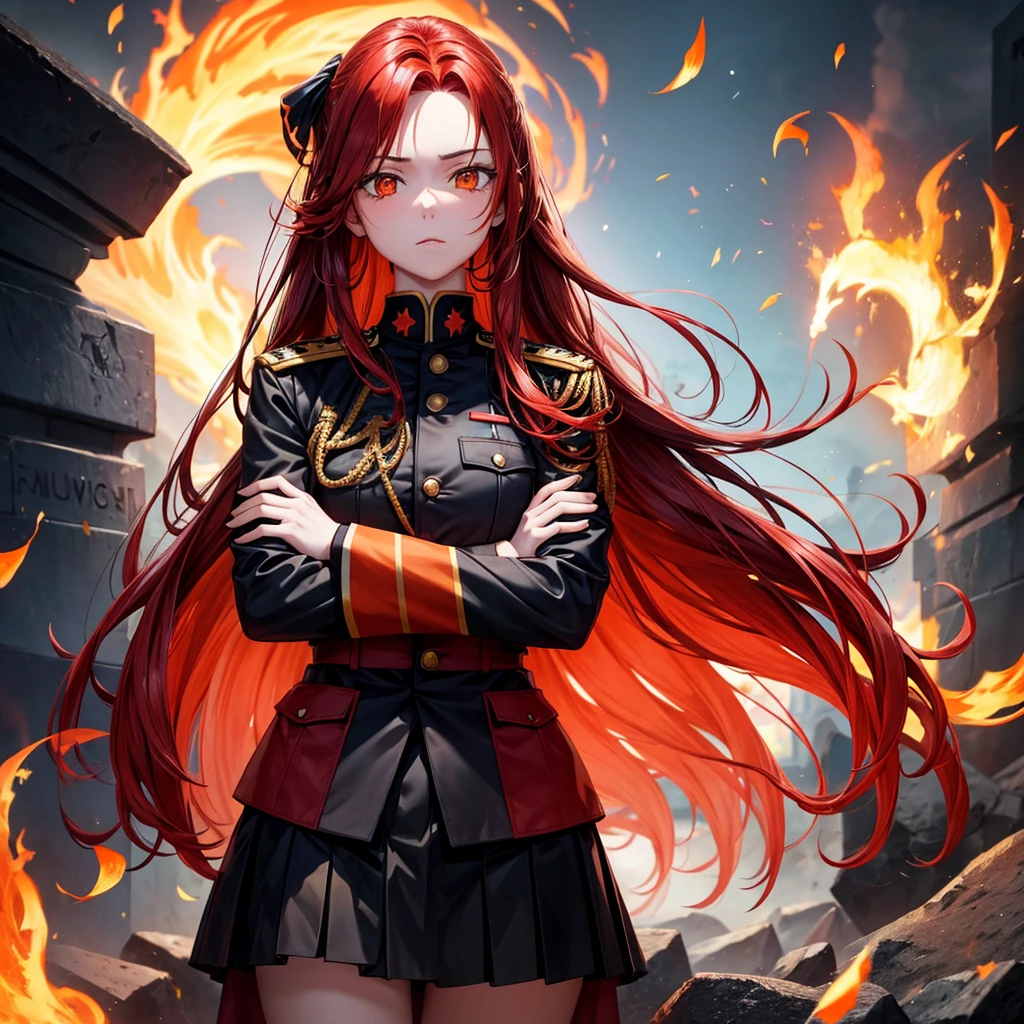 Beautiful woman, long hair, red hair, orange eyes, military uniform, black uniform, black skirt, crossed arms, fire background