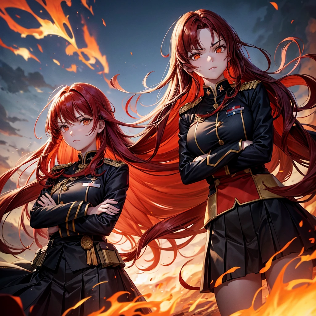 Beautiful woman, long hair, red hair, orange eyes, military uniform, black uniform, black skirt, crossed arms, fire background