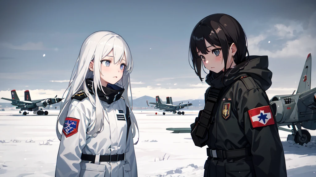 masterpiece:1.2), best quality , 独奏 ,pixiv, anime girl ，long straight white hair , black eyes ,Wearing off-white camouflage uniform ,，battlefield，(Eyes looking into the distance:1.3)，(look away:1.5)，snowy weather，dirty face，The background is a military airport with snow and wind.