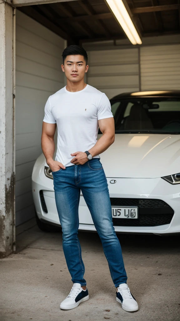 RAW, Best quality, high resolution, (masterpiece: 1.3), full body image, muscular asian young woman in shirt, jeans, shoes, Masterpiece, young man face, cute man face, cleanshaven, bright skin, rough skin, fierce eyes, soft smile, standing in a garage, masculine gesture, strong expression, body facing viewer, looking to viewer, at noon, Great lighting, great sunlight, Bright colors, Ultra realistic clean lines, very realistic