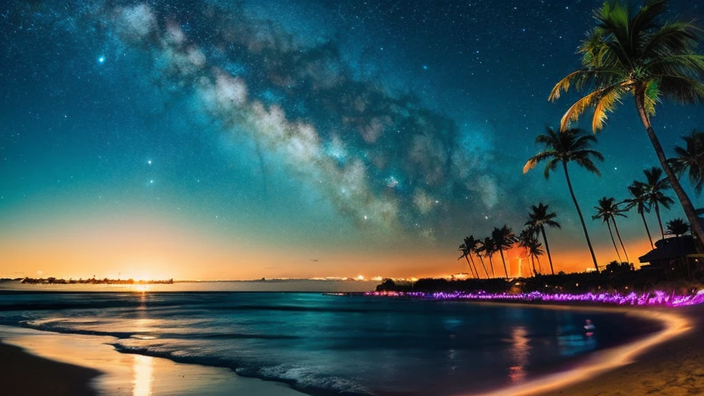supernova　,starry sky　,planet　,fantasy ,Hawaii ,beach ,waves ,ocean ,city ,palm trees, moon 