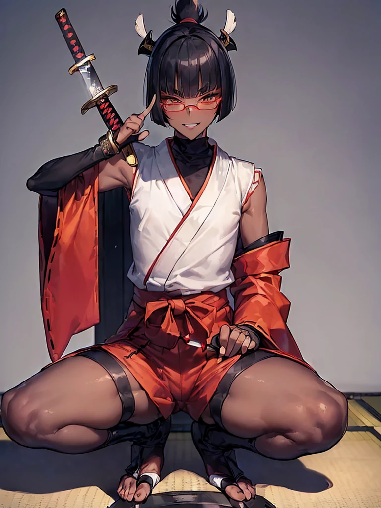 (flat chest), (masterpiece:1.2), highest quality, High resolution, unity 8k wallpaper, (fine and beautiful eyes:1.6), highly detailed face, perfect lighting, Detailed CG, (perfect hands, perfect anatomy), (1 boy solo:1.4), 20 years old, (black hair:1.3), extremely beautiful detailfeminine face and eyes, (evil smile:1.4), detailed eyes, best quality,(very dark skin:1.8), (turtleneck shirt under yukata:1.2), (bike shorts:1.2), extremely detailed, very precise detailed, (glasses:1.3), blunt bangs, open mouth, (very short pixie cut:1.2), boots,(fingerless gloves:1.2), smile, half closed eyes,long sidelocks,(long red Scarf),(yukata),(squatting),(acrobat pose:1.3),(squat:1.3),(one knee dwon:1.5),(put one foot in front:1.3) ,(index fingers up:1.7),(own hands clasped:1.7), spread legs,(arms up),(Japanese sword on the back:1.8),