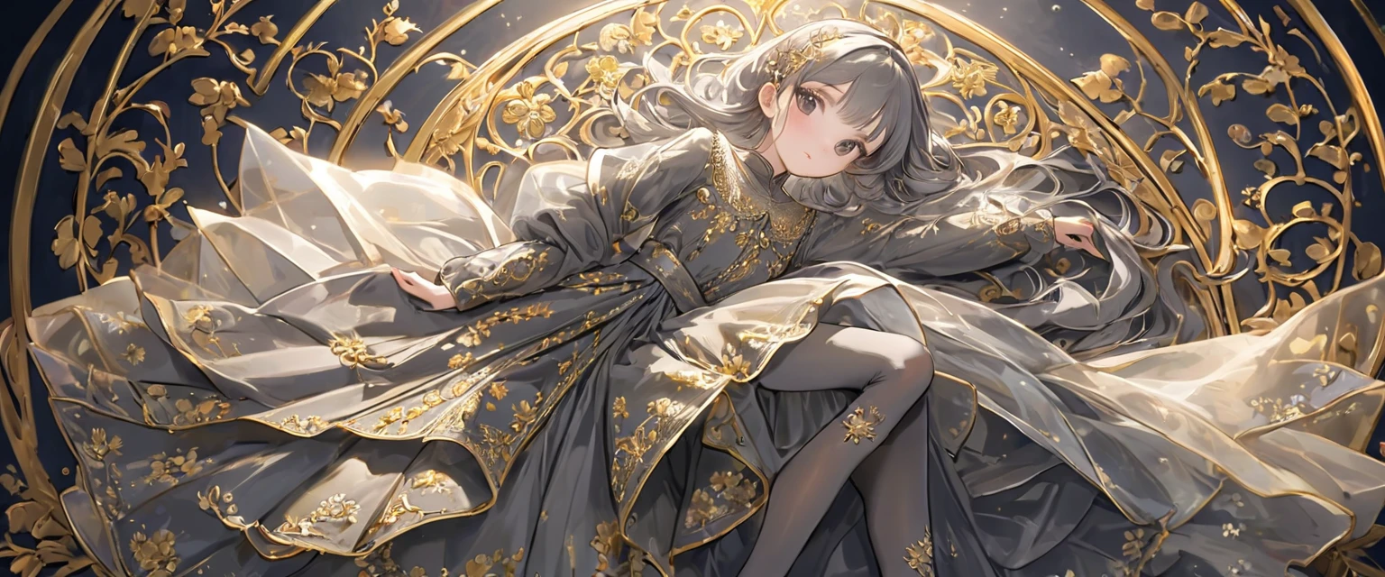 girl, Gold and silver embroidery, Platinum and pearl medieval long dress(With panniers), Translucent fabric, Pull up the dress by hand, Strong winds, Translucent slip, Grey translucent tights, 8歳のgirl, Gold and silver embroidery, medieval mini dress(With panniers), Translucent fabric, Pull up your skirt, Strong winds, Translucent slip, Grey translucent tights, Peeking from below, Highest quality, Disorder of clothing, Lying down, underwear, Show off your thighs, night, Skirt lining