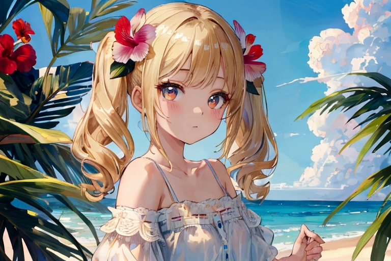 ((Highest quality)), ((masterpiece)), (detailed), Perfect Face, ((Highest quality, 8K, masterpiece: 1.3)), Highly detailed face and skin texture, Fine grain, double eyelid, A girl with a big flower in her hair, hibiscus, Phalaenopsis orchid, Dahlia, Blonde, Low twin tails, Off the shoulder, White T-shirt, Denim shorts, Midsummer Beach, blue sky, Strong sunlight, Cowboy Shot, Underarm