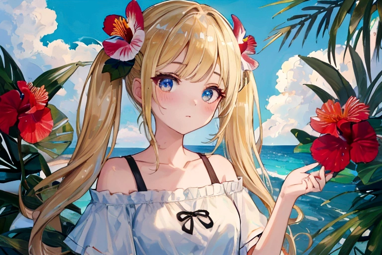 ((Highest quality)), ((masterpiece)), (detailed), Perfect Face, ((Highest quality, 8K, masterpiece: 1.3)), Highly detailed face and skin texture, Fine grain, double eyelid, A girl with a big flower in her hair, hibiscus, Phalaenopsis orchid, Dahlia, Blonde, Low twin tails, Off the shoulder, White T-shirt, Denim shorts, Midsummer Beach, blue sky, Strong sunlight, Cowboy Shot, Underarm