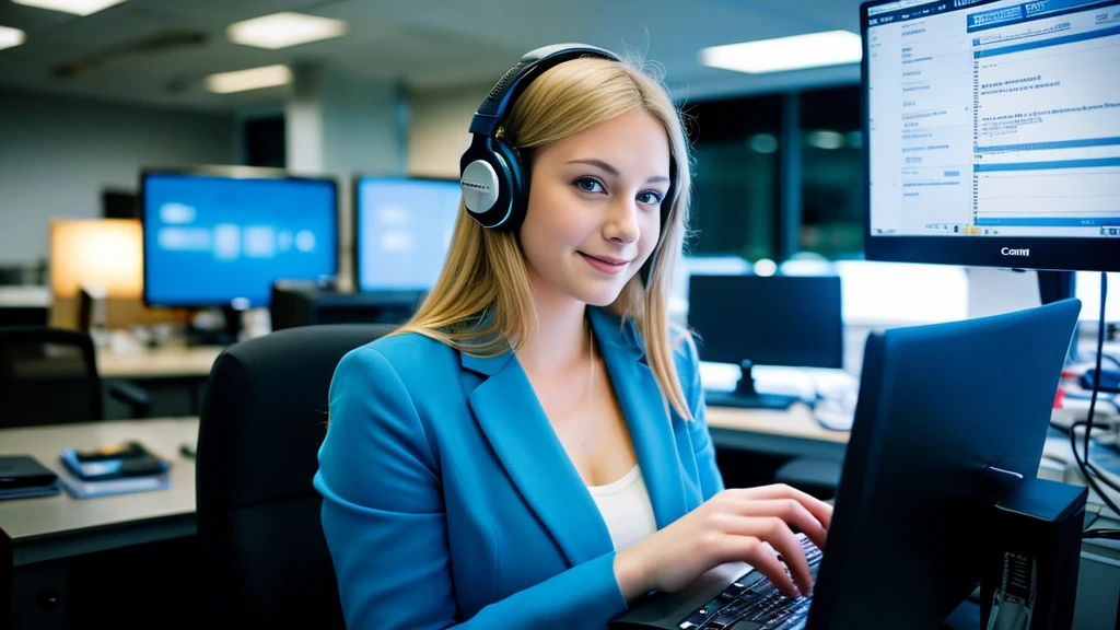 Beautiful blonde with large breasts in a blue suit (Working on a computer in the office late at night),Wearing headphones,Very detailed, 21 years old, Innocent face, Naturally Wavy Hair, blue eyes, High resolution, masterpiece, Highest quality, Intricate details, Very detailed, Clear focus, Delicate skin, practical skin texture, texture, Delicate eyes, Professional, 4K, Cute Smile, Shot with Canon, 85mm, Shallow and deep, Kodak Vision Color, Exactly, Very detailed, photograph_\(Extremist\), photographpractical, practical, Post-processing, Maximum details, Roughness, Real Life, Extremist practical, Photorealism, photographgraphy, 8K Ultra HD, photographgraphy