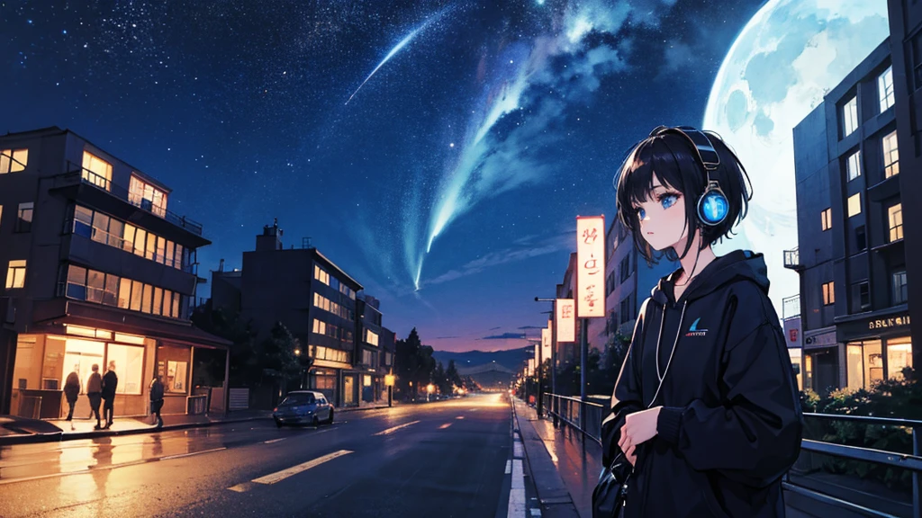 Black short Hair, Black Clothing, One Adult Woman Looking Sideways ,Blue headphones、 City of night, Delicate background、Masterpiece、Night Town、night、dark、Nostalgic、Country Road、Fantastic starry sky