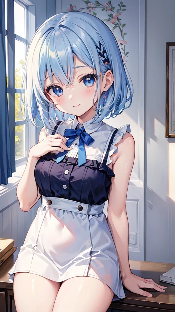 beautiful, masterpiece, Highest quality, anime, One girl, C Cup,Portrait Shot, View your viewers, Covered、Short Hair、nearby、Blue Eyes、art、、White hair,Blue streaked hair、wallpaper、hairpin、Cute smile、Thighs、Cute、チューブトップブラ、ミニスカート