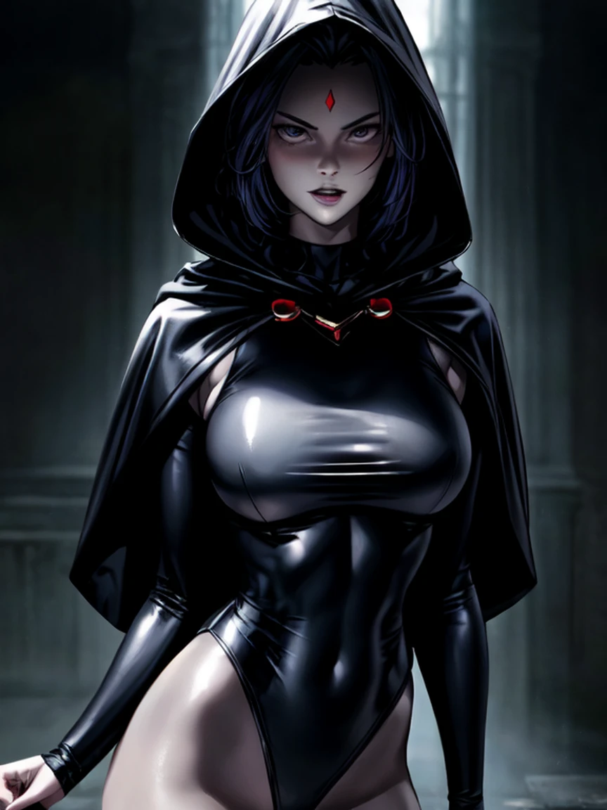 masterpiece, best quality, raven \(dc\), 1girl, superhero, black leotard, black hooded cloak, black leather pants, masterpiece, best quality, highest quality, cinematic lighting, (volumetric lighting), extremely detailed CG unity 8k wallpaper, focused, 8k wallpaper, 4k wallpaper, extremely detailed, ultra realistic, photorealistic, sharp focus, absurdres, (HDR:1.2), (high contrast), photograph, detailed and intricate, instagram, close-up portrait, vibrant, 4K HQ, sharp focus, (Ultra realistic [[photo]], detailed face:1.0), (detailed eyes:1.0), (realistic photo:1.1), (masterpiece:1.0), detailed background , dark city 