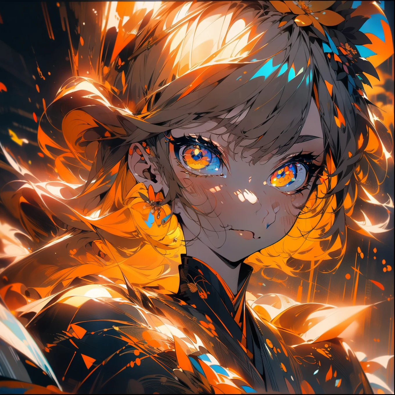 (Beautiful and aesthetic:1.2)、(One Girl:1.3)、(Black and orange colorful hair:1.2)、Orange and black kimono、Fantastic、miserable、Orange and yellow marigolds are blooming、night、Sad face、(masterpiece, Highest quality, Highly detailed CG, Beautiful fine details, Super detailed, Intricate details:1.2), 8k wallpaper, Elaborate features, (One girl, alone:1.4), Striped Hair, Fairy, Yellow Eyes,