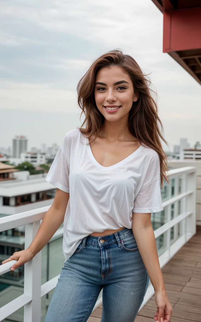 22-year-old woman, an elegant appearance. The 22-year-old model poses on a rooftopbar in bangkok. Es ist nacht und dunkel. Man kann den mond sehen. My brown hair falls in long waves over my shoulders and hangs down at the sides of my breasts, frames my face and highlights my green eyes. My full, red lips are shaped into a smile. My snub nose is covered with freckles, which contrast with my tanned skin. My eyebrows are thick and dark, gives me a seductive look. My cheekbones are high and defined, and my eyelashes are long and curved. shows my curves.. Her pose is elegant and relaxed, with the body facing the camera, Face turned to the side. the model wears a tshirt and jeans. Ihr Haar ist offen  and her makeup is light and natural. The shot is far away from the model, with the camera positioned slightly lower, to highlight their beauty. there is a vintage film atmosphere, she laughs and smiles . she seems happy. she has white teeth. hands not in picture. Iphone13 quality