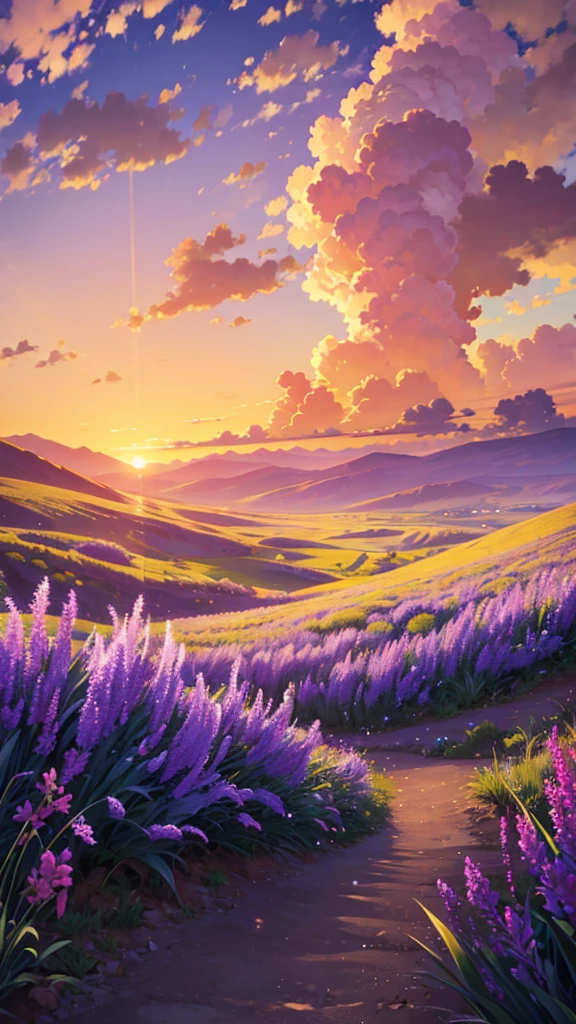 Landscape sunset, clouds and lavender flowers, HD 4K