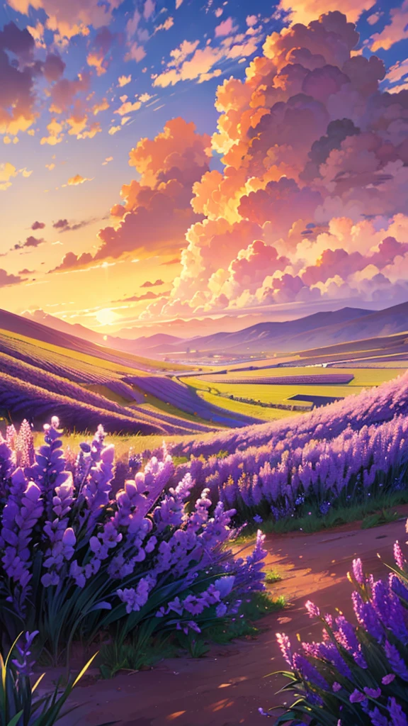 Landscape sunset, clouds and lavender flowers, HD 4K