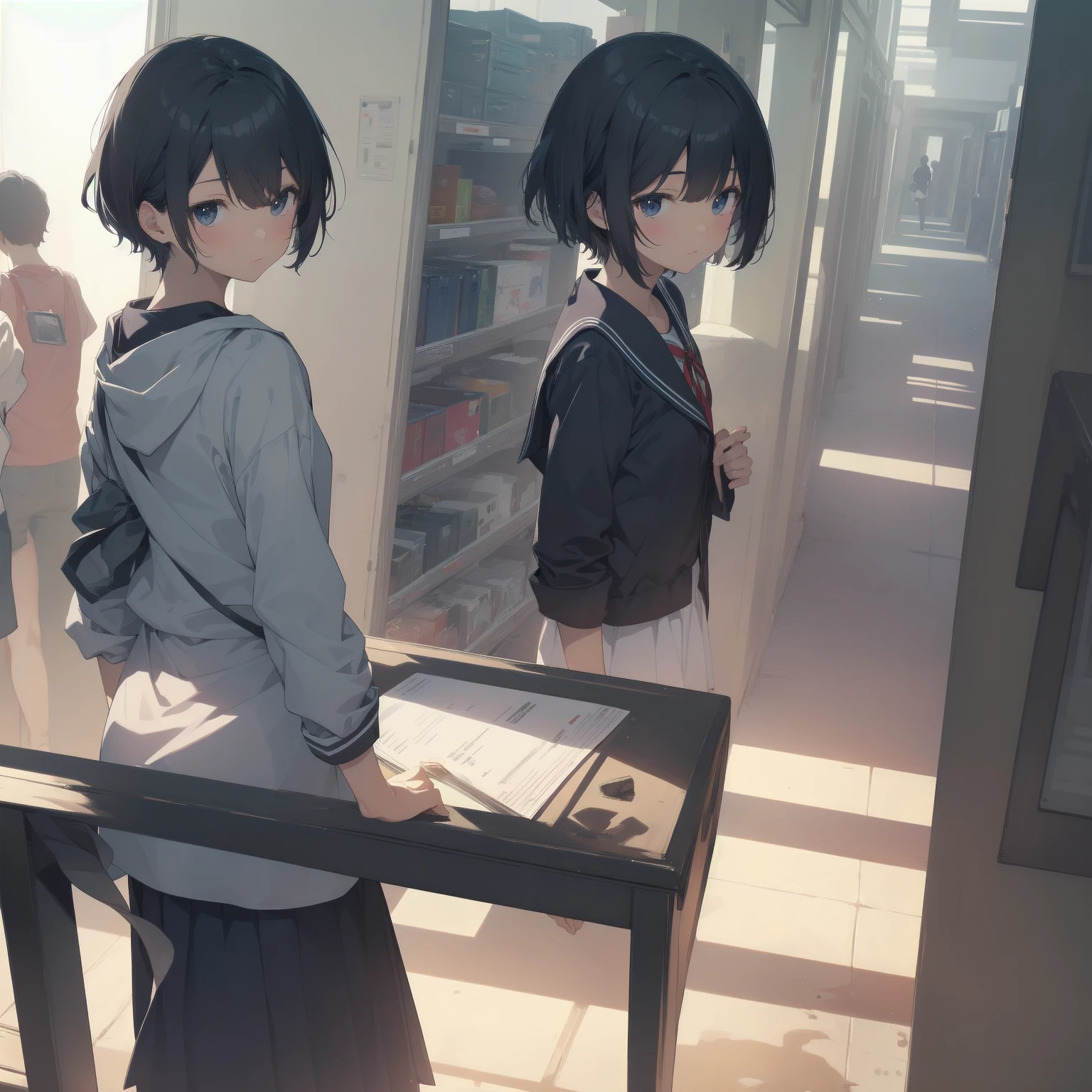 ultra-absurdres-Top quality by artist God, ultra-detailed, high resolution, anime moe artstyle, best anime 8k konachan wallpaper, pixiv contest winner, pool:2810, perfect anatomy,break, 1girl, (Please draw a girl walking sleepily to school alone. )break,(Solo,little female, 13-year-old:1.3),Full limbs, complete fingers,a junior high school student, (very short hair), short cut, flat chest, , small butt, small black eyes, beautiful detailed eyes, well-proportioned iris and pupils, expressive eyes, highres detailed hair, soft expression, salor school_uniform, sailor collar, serahuku, bow, pleated skirt,(Detailed Lighting), (Detailed background), in the School commute route. break,super detailed skin, Best cinematic lighting powered by famous artist, 8k,beauty illustration,photoshop_(medium),very aesthetic,break,((artist:takafumi )), artist:clamp ,artist:carnelian ,artist:kantoku ,
