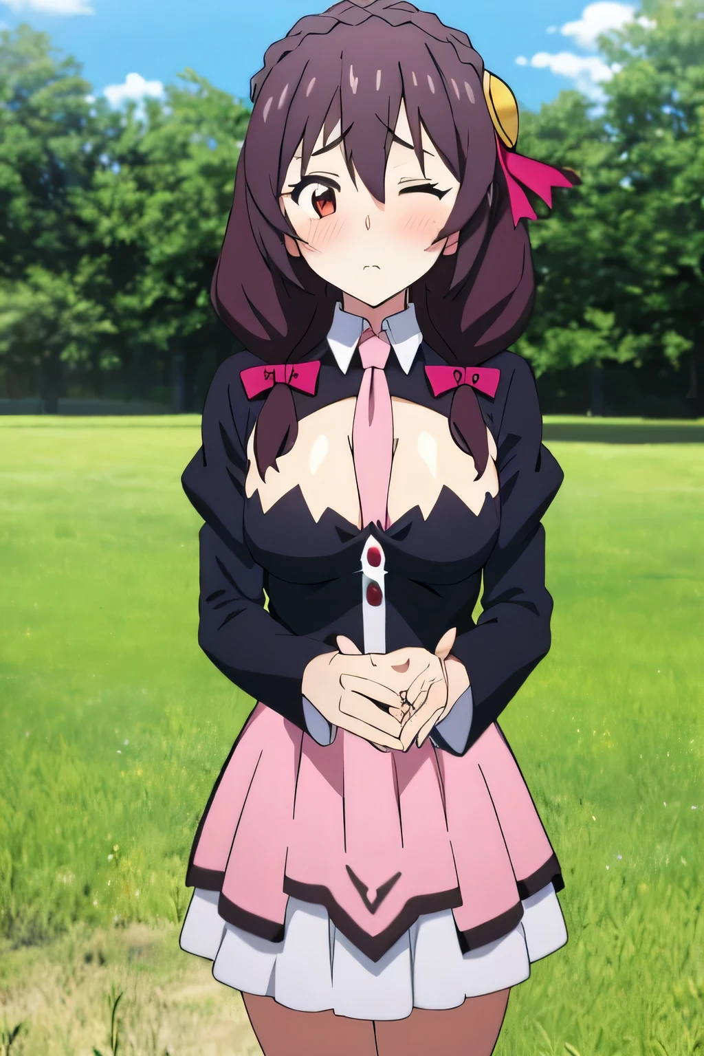 (masterpiece, Highest quality), One girl, Yunyun,Long Hair,Braiding,Twin tails,Hair between the eyes,Red hair ribbon,hair ornaments,large round breasts,、Pink Skirt、Black Hair、(Close your eyes:1.5)、(Confused face:1.2)、grassland、Crown Blade,Black Shirt, Long sleeve,Pink tie, belt, Cleavage cutout、cowboy shot、(blush)