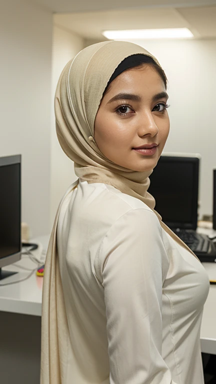 woman 25 years old, view from side back, beautiful face, teasing, office, light khaki hijab, white skin