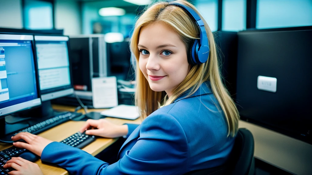 Beautiful blonde with large breasts in a blue suit (Working on a computer in the office late at night),Wearing headphones,Very detailed, 21 years old, Innocent face, Naturally Wavy Hair, blue eyes, High resolution, masterpiece, Highest quality, Intricate details, Very detailed, Clear focus, Delicate skin, practical skin texture, texture, Delicate eyes, Professional, 4K, Cute Smile, Shot with Canon, 85mm, Shallow and deep, Kodak Vision Color, Exactly, Very detailed, photograph_\(Extremist\), photographpractical, practical, Post-processing, Maximum details, Roughness, Real Life, Extremist practical, Photorealism, photographgraphy, 8K Ultra HD, photographgraphy