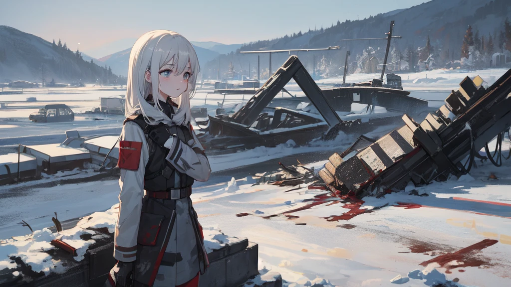 masterpiece:1.2), best quality , 独奏 ,pixiv, anime girl ,long straight white hair , black eyes ,Wearing off-white camouflage uniform ,ten years old,battlefield,(Eyes looking into the distance:1.3),(look away:1.5),snowy weather,dirty face,The background is a military airport with snow and wind.,blood on forehead,dirty face,Background mixed with metal fragments:1.2,Backlight,Black lake in the background,Bare rocky peaks , Scrap metal on the snow,The expression is sad