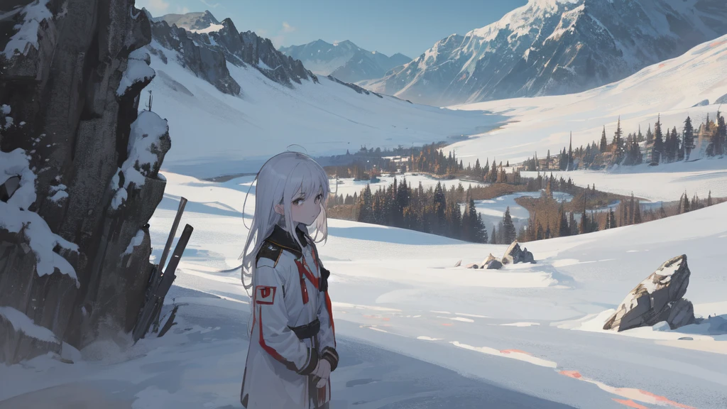 masterpiece:1.2), best quality , 独奏 ,pixiv, anime girl ,long straight white hair , black eyes ,Wearing off-white camouflage uniform ,ten years old,battlefield,(Eyes looking into the distance:1.3),(look away:1.5),snowy weather,dirty face,The background is a military airport with snow and wind.,blood on forehead,dirty face,Background mixed with metal fragments:1.2,Backlight,Black lake in the background,Bare rocky peaks , Scrap metal on the snow,The expression is sad