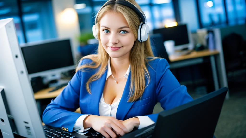 Beautiful blonde with large breasts in a blue suit (Working on a computer in the office late at night),Wearing headphones,Very detailed, 21 years old, Innocent face, Naturally Wavy Hair, blue eyes, High resolution, masterpiece, Highest quality, Intricate details, Very detailed, Clear focus, Delicate skin, practical skin texture, texture, Delicate eyes, Professional, 4K, Cute Smile, Shot with Canon, 85mm, Shallow and deep,  Kodak Vision Color, Exactly, Very detailed, photograph_\(Extremist\), photographpractical, practical, Post-processing, Maximum details, Roughness, Real Life, Extremist practical, Photorealism, photographgraphy, 8K Ultra HD, photographgraphy