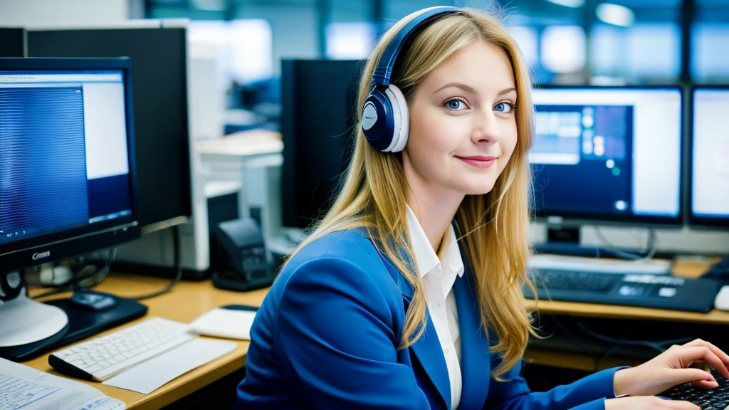 Beautiful blonde with large breasts in a blue suit (Working on a computer in the office late at night),Wearing headphones,Very detailed, 21 years old, Innocent face, Naturally Wavy Hair, blue eyes, High resolution, masterpiece, Highest quality, Intricate details, Very detailed, Clear focus, Delicate skin, practical skin texture, texture, Delicate eyes, Professional, 4K, Cute Smile, Shot with Canon, 85mm, Shallow and deep, Kodak Vision Color, Exactly, Very detailed, photograph_\(Extremist\), photographpractical, practical, Post-processing, Maximum details, Roughness, Real Life, Extremist practical, Photorealism, photographgraphy, 8K Ultra HD, photographgraphy